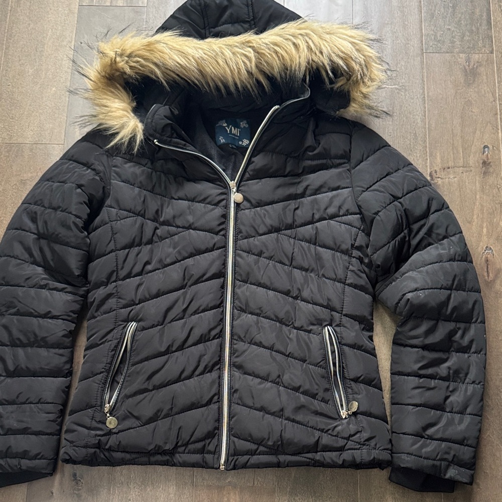 YMI Black Puffer Jacket Faux Fur Hood Quilted Coat Women’s XL